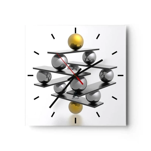 Väggklocka, Klocka Arttor 30x30 cm - Guld-silver balans - Abstraktion, Metallkulor, 3D, Sammansättning, Balans, Kvadrat, Urtavla sträck, Till vardagsrum, Till sovrum, Silver, Guld, C3AC30x30-2640