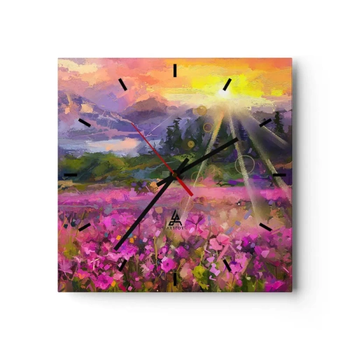 Väggklocka, Klocka Arttor 30x30 cm - I dalen under solens beskydd - Abstraktion, Landskap, Blommor, Berg, Konst, Kvadrat, Urtavla sträck, Till vardagsrum, Till sovrum, Rosa, Grön, C3AC30x30-4029