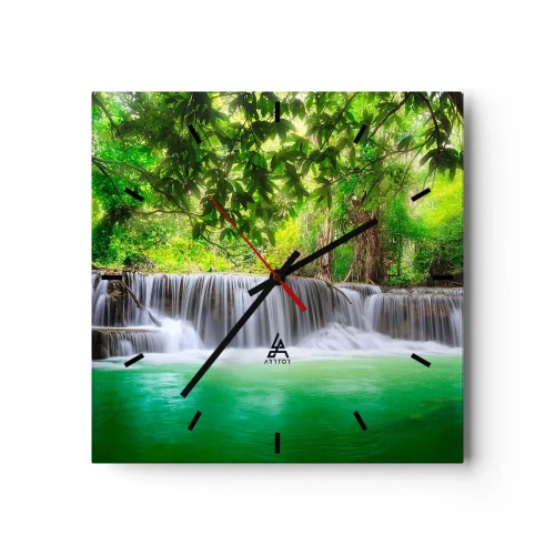 Väggklocka, Klocka Arttor 30x30 cm - Kaskad i det gröna - Landskap, Vattenfall, Nationalpark, Natur, Kroatien, Kvadrat, Urtavla sträck, Till vardagsrum, Till sovrum, Vit, Grön, C3AC30x30-2502