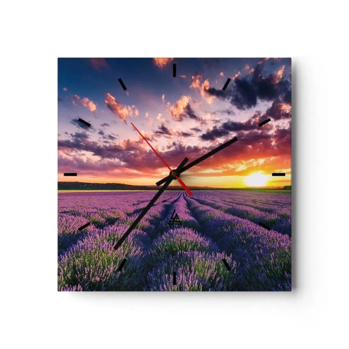 Väggklocka, Klocka Arttor 30x30 cm - Lavandelvärld - Landskap, Lavendelfält, Lavendel, Solnedgången, Natur, Kvadrat, Urtavla sträck, Till vardagsrum, Till sovrum, Violett, Grön, C3AC30x30-3816