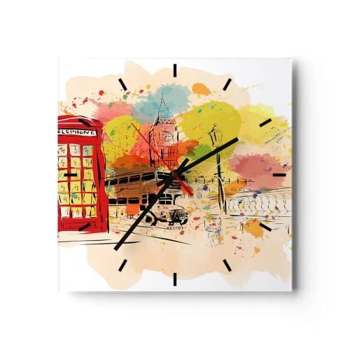 Väggklocka, Klocka Arttor 30x30 cm - Mångfaldens stad - Stad, London, Abstraktion, Buss, Konst, Kvadrat, Urtavla sträck, Till vardagsrum, Till sovrum, Röd, Vit, C3AC30x30-3920