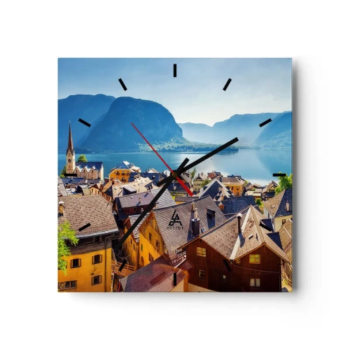 Väggklocka, Klocka Arttor 30x30 cm - Mera pittoreskt blir det inte - Landskap, Stad, Österrike, Arkitektur, Alperna, Kvadrat, Urtavla sträck, Till vardagsrum, Blå, Brun, C3AC30x30-3955