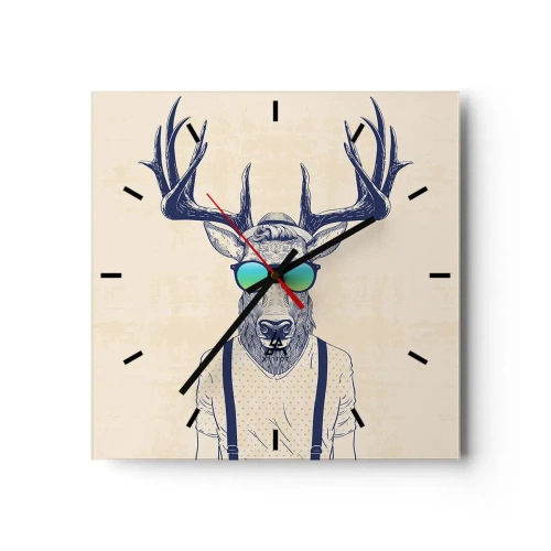 Väggklocka, Klocka Arttor 30x30 cm - Och vem väntade du på? - Abstraktion, Konst, Rådjur, Glasögon, Hjorthorn, Kvadrat, Urtavla sträck, Till vardagsrum, Till sovrum, Vit, Svart, C3AC30x30-3808
