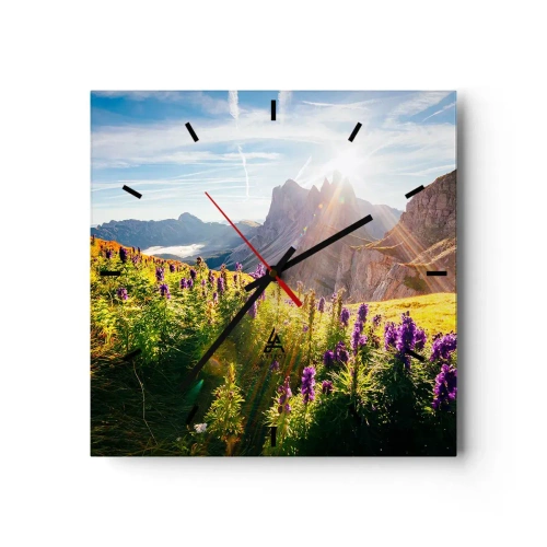 Väggklocka, Klocka Arttor 30x30 cm - Örternas hemliga liv - Landskap, Berg, Bergsstigar, Blommor, Natur, Kvadrat, Urtavla sträck, Till vardagsrum, Blå, Grön, C3AC30x30-4008