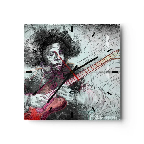 Väggklocka, Klocka Arttor 30x30 cm - På musikens vågor - Musik, Gitarrist, Instrument, Gitarr, Grafik, Kvadrat, Urtavla sträck, Till vardagsrum, Till sovrum, Vit, Röd, C3AC30x30-2559