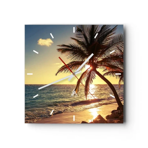 Väggklocka, Klocka Arttor 30x30 cm - Sommar under palmträden - Landskap, Strand, Kokosnötspalm, Hav, Solnedgången, Kvadrat, Urtavla sträck, Till vardagsrum, Till sovrum, Blå, Vit, C3AC30x30-3180