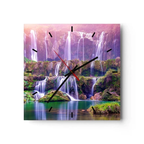 Väggklocka, Klocka Arttor 30x30 cm - Trappan till himlen - Landskap, Vattenfall, Berg, Natur, Flod, Kvadrat, Urtavla sträck, Till vardagsrum, Till sovrum, Grön, Vit, C3AC30x30-3893