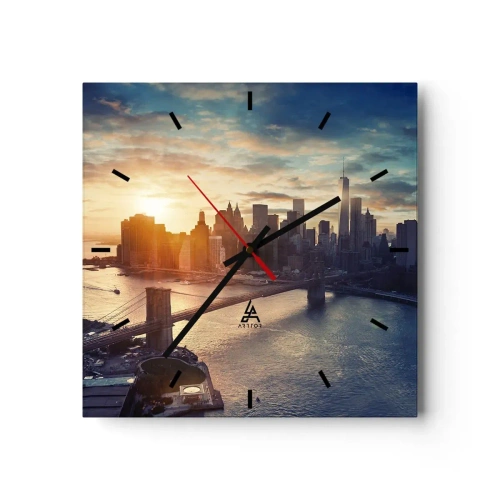 Väggklocka, Klocka Arttor 30x30 cm - Västkulturens monument - New York, Brooklyn Bridge, Arkitektur, Stad, Solnedgången, Kvadrat, Urtavla sträck, Till vardagsrum, Till sovrum, Ljusgrå, Blå, C3AC30x30-3733