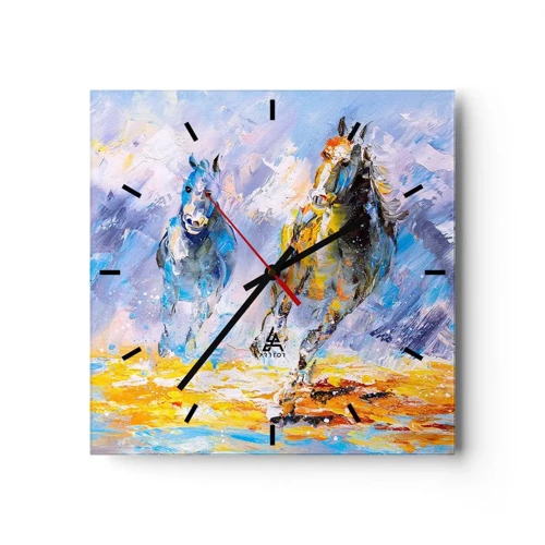 Väggklocka - Klocka på glas - Galopp genom skenet - 40x40 cm