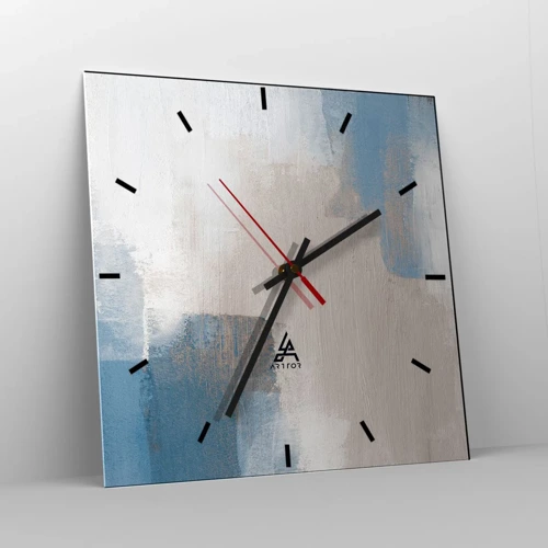 Väggklocka - Klocka på glas - Rosa abstraktion bakom en blå slöja - 40x40 cm