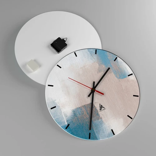 Väggklocka - Klocka på glas - Rosa abstraktion bakom en blå slöja - 40x40 cm