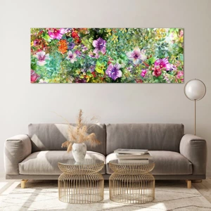 Glastavla - Bild på glas - Ta en dopp i blommorna - 140x50 cm